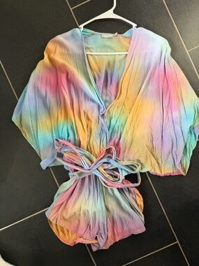 Indah Pastel Rainbow Tie-Waist Romper size XS from revolve